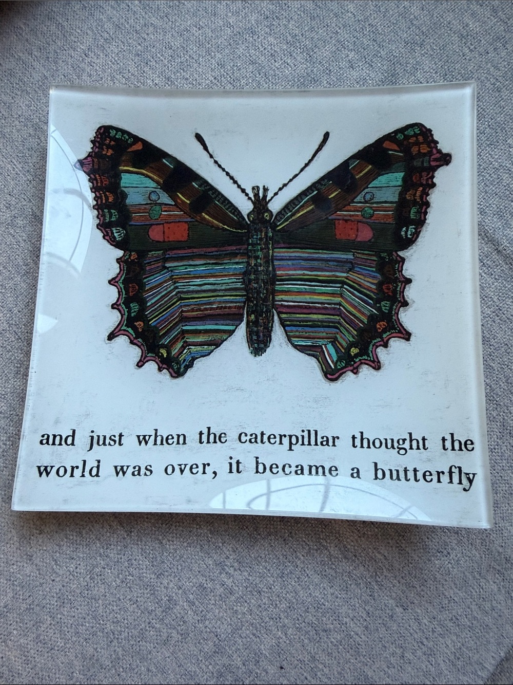 Butterfly Art Glass Tile Accent - Multicolor Decoupage Trinket dish 8x8